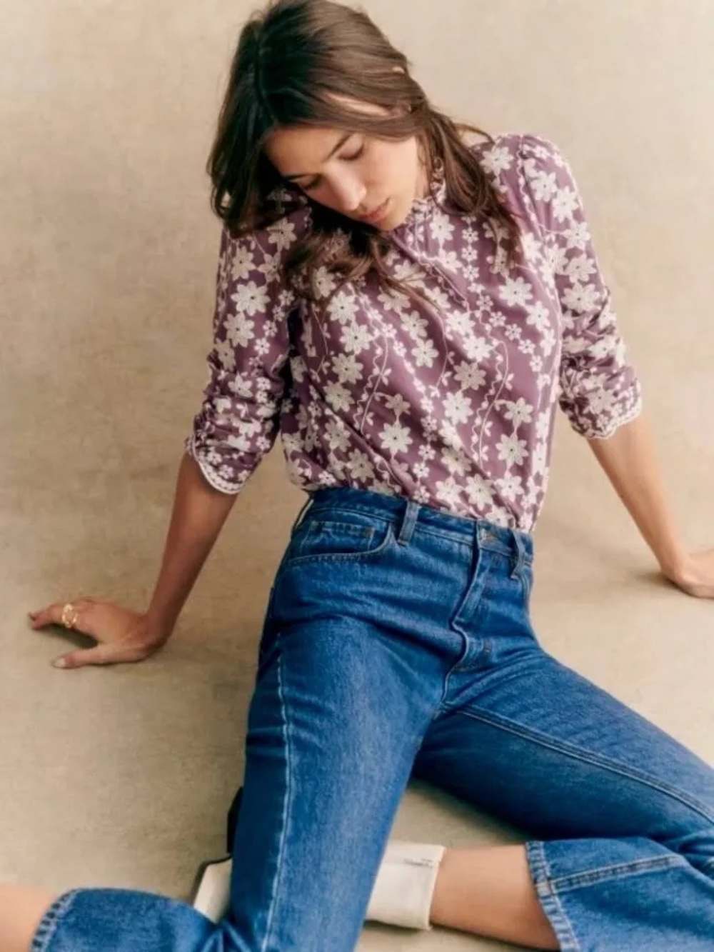 Sézane Eglantine Mauve Purple Floral Embroidery Long Sleeve Blouse FR 46 US 14